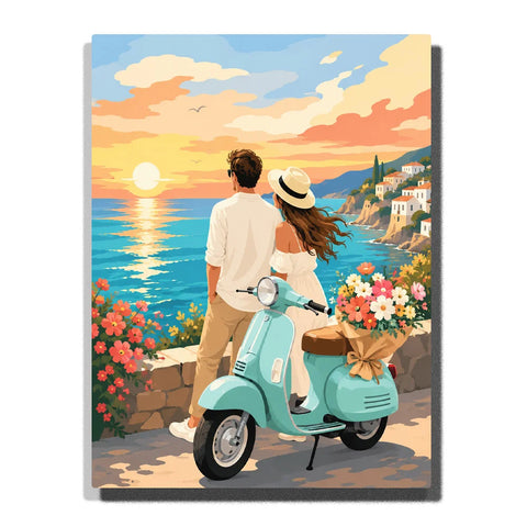 Anniversary Paint by Numbers Gift For Couples featuring romantic couple beside mint green vintage scooter overlooking Mediterranean coast and golden ocean sunset