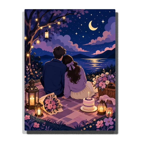 Couple Paint by Numbers For Adults featuring romantic couple at moonlit anniversary picnic with crescent moon, lake reflection, flowers, lanterns and celebration cake