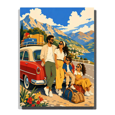 Family Road Trip Paint by Numbers For Adults featuring parents and two children beside vintage red car with luggage, mountain lake, blue sky and colorful wildflowers