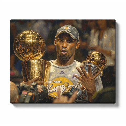 Kobe Bryant Paint by Numbers For Adults featuring basketball champion holding two golden trophies during an NBA championship celebration