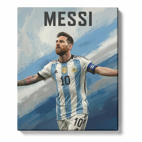 Lionel Messi Paint by Numbers For Adults featuring Argentina number 10 football player in blue and white jersey with captain armband and arms extended