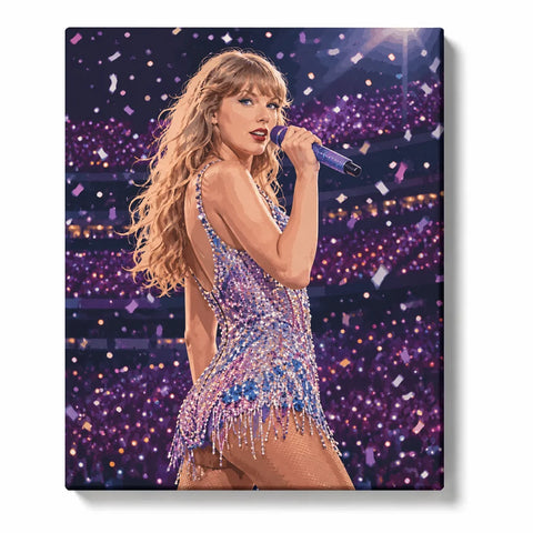Taylor Swift Paint by Numbers For Adults featuring blonde pop singer in sparkling silver blue concert outfit with purple microphone, confetti and stadium lights