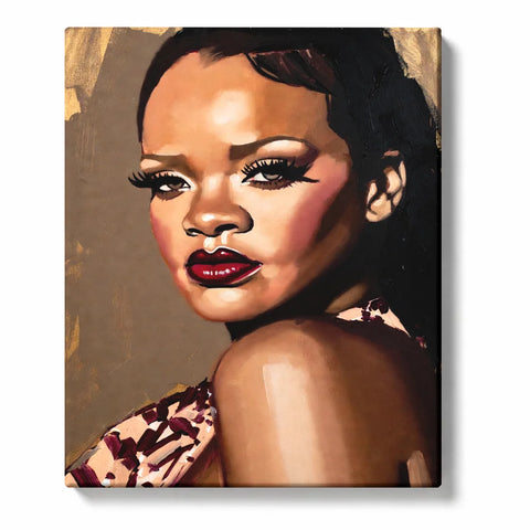 Rihanna inspired Paint by Numbers portrait with glossy red lips, swept-back black hair and a brightly lit shoulder against a warm brown background.