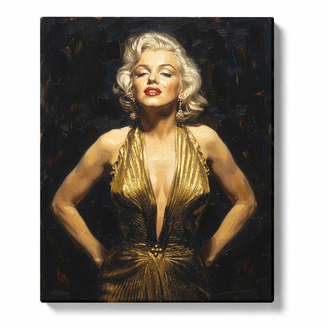 Marilyn Monroe Paint by Numbers For Adults featuring platinum blonde Hollywood icon in shimmering gold evening gown with red lips and dark black background