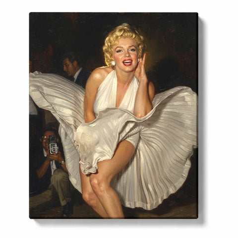 Marilyn Monroe Paint by Numbers For Adults featuring blonde Hollywood icon smiling in flowing white pleated dress with red lipstick against dark background