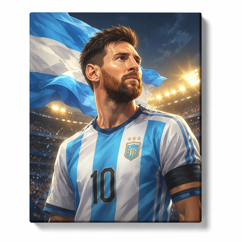 Lionel Messi Paint by Numbers For Adults featuring Argentina number 10 football portrait with blue white flag, captain armband and glowing stadium lights