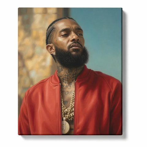 Modern Hip Hop Portrait Paint by Numbers For Adults featuring man in red jacket with gold chains, tattoos, beard and contemporary street fashion style