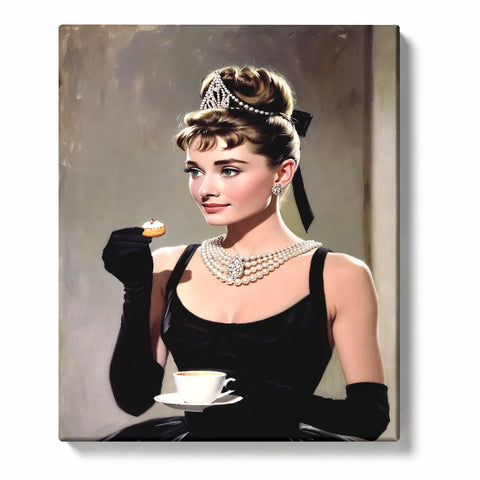 Audrey Hepburn Paint by Numbers For Adults featuring elegant woman in black dress and gloves with pearl necklace, jeweled updo, coffee cup and small pastry