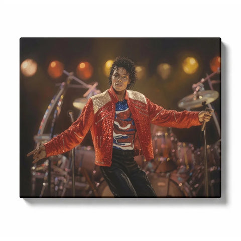 Michael Jackson inspired Paint by Numbers For Adults featuring music performer in sparkling red jacket holding microphone on stage with drums and warm concert lights