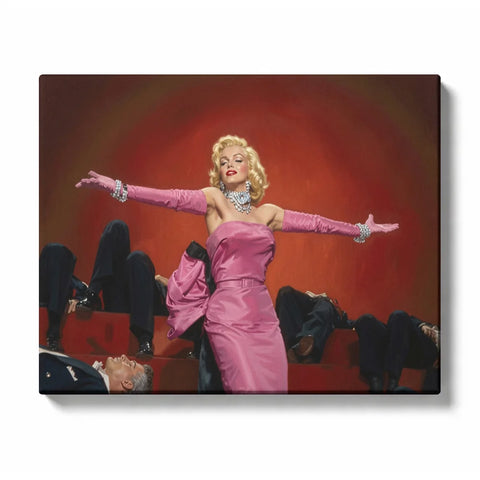 Marilyn Monroe Paint by Numbers For Adults featuring blonde Hollywood icon in pink satin gown and gloves with sparkling diamond jewelry on red stage
