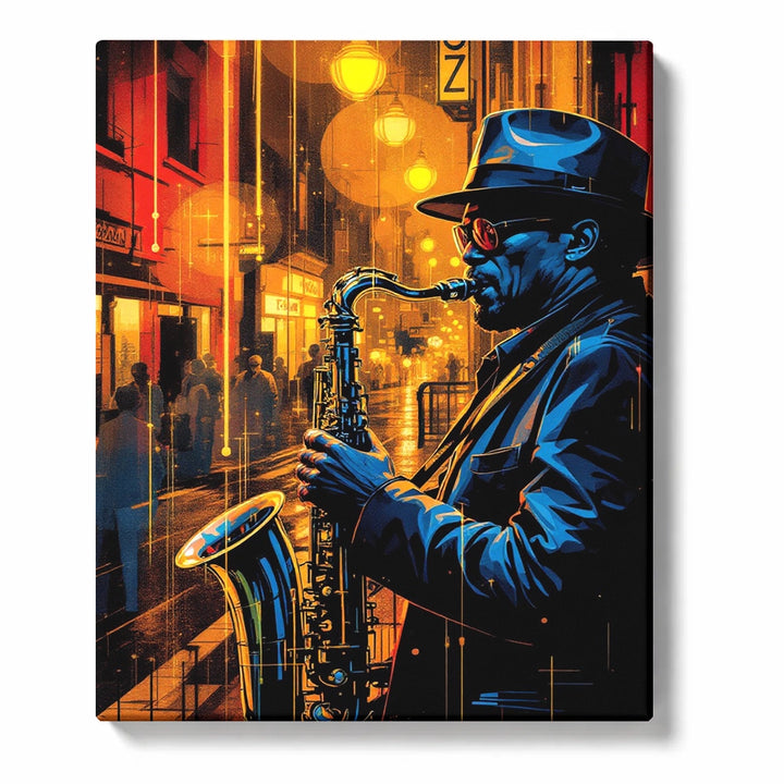 Fedora Saxophonist on Golden Neon Rain Street Paint by Numbers Kit For Adults