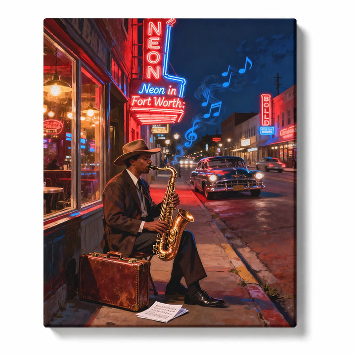 Street Saxophonist beneath Red Neon Music Signs Paint by Numbers Kit for Adults