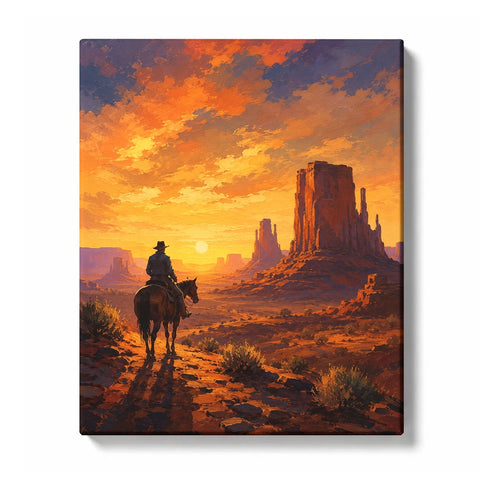 Golden Sunset Rider on Horseback across an Open Field Paint by Numbers Kit for Adults