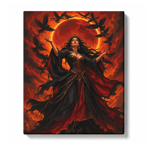 Witch Paint by Numbers For Adults featuring dark witch beneath giant crimson moon with black crows, flowing red and black robes and gothic fantasy details