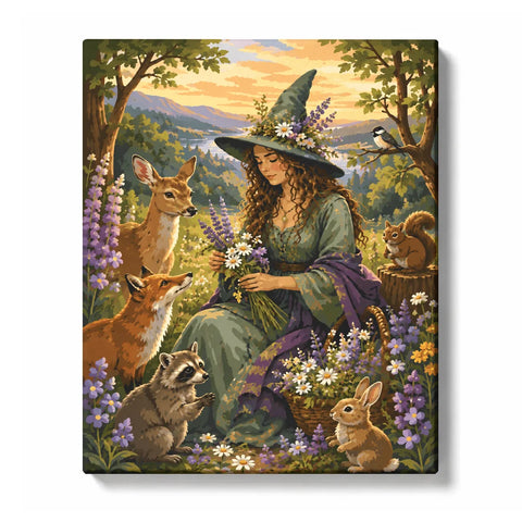 Witch Paint by Numbers For Adults featuring enchanted witch in flower meadow surrounded by deer fox rabbit raccoon squirrel and birds