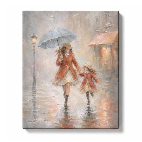 Mother and child under a blue umbrella on a rain-soaked cafe street