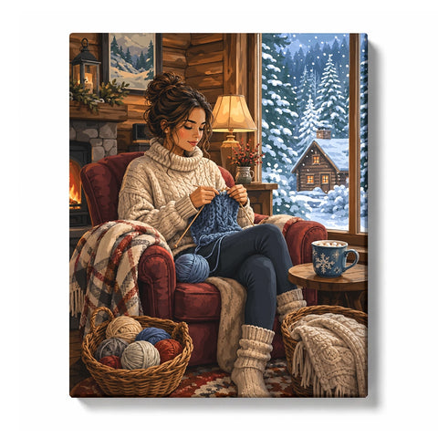 Winter Window Knitting - finished paint by numbers canvas on a white background