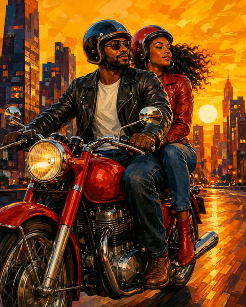 Two riders on a red motorcycle against a glowing orange city sunset