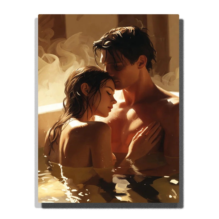 Nude Couples Paint by Numbers featuring a tender bath embrace in warm amber light with golden water reflections