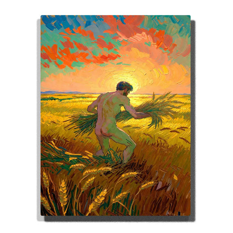 Figure Paint by Numbers featuring a lone farmer standing in a golden wheat field beneath a swirling sunset sky