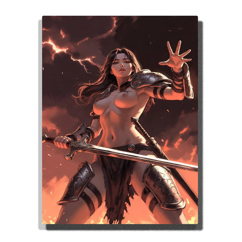 Fantasy Nude-inspired Figure Paint by Numbers featuring a fierce female warrior with sword amid crimson storm lightning