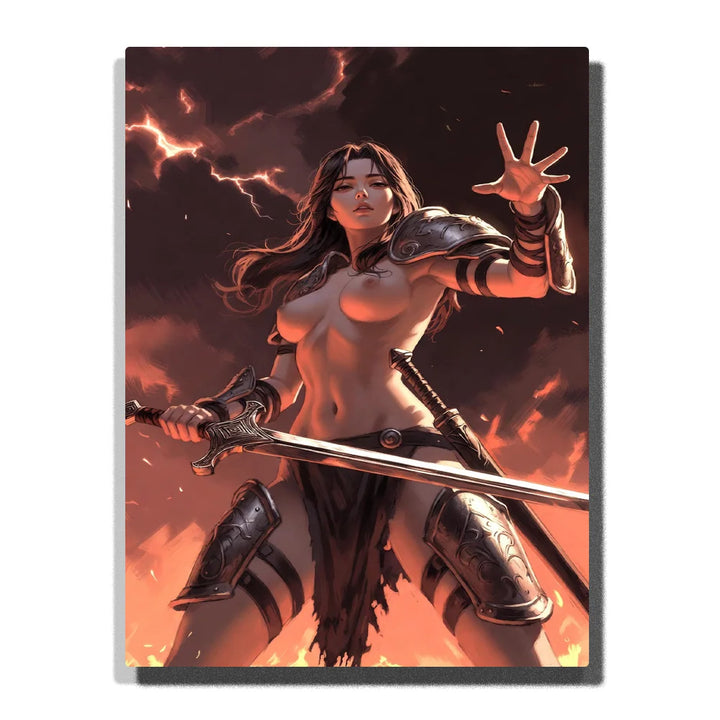 Fantasy Nude-inspired Figure Paint by Numbers featuring a fierce female warrior with sword amid crimson storm lightning