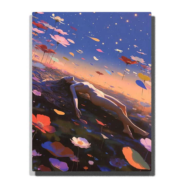 Figure Paint by Numbers featuring a dreamlike figure reclining on a wildflower hillside beneath a violet rose sunset