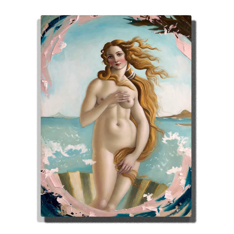 Venus Rising from the Sea Nude Paint by Numbers For Adults featuring classical female figure with flowing golden hair, turquoise ocean waves and painterly pink blue border