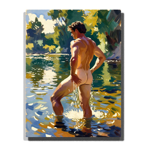 Male Figure Paint by Numbers featuring a man standing waist-deep in a forest pool surrounded by summer green and water light