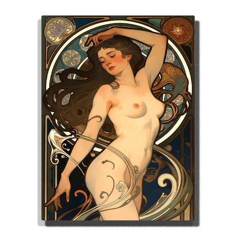 Art Nouveau Nude-inspired Paint by Numbers featuring a muse with ornamental halo and flowing hair in Mucha style