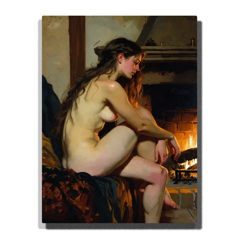 Nude Woman Paint by Numbers featuring a woman seated on a rug beside a glowing fireplace in flickering light