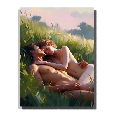 Nude Couples Paint by Numbers featuring a couple lying together in a sunlit summer meadow of grass and flowers