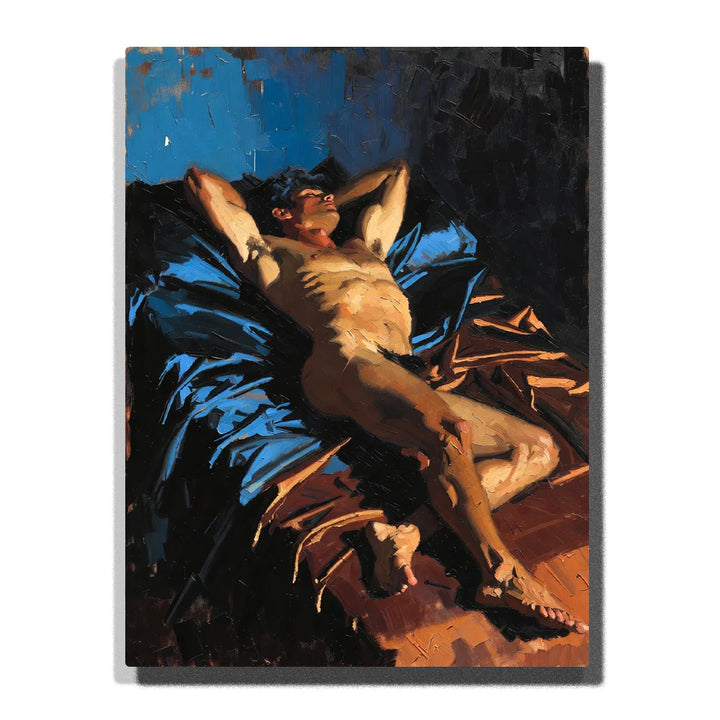Classical Nude Figure Paint by Numbers featuring a sculptural figure reclining across draped blue silk in violet light