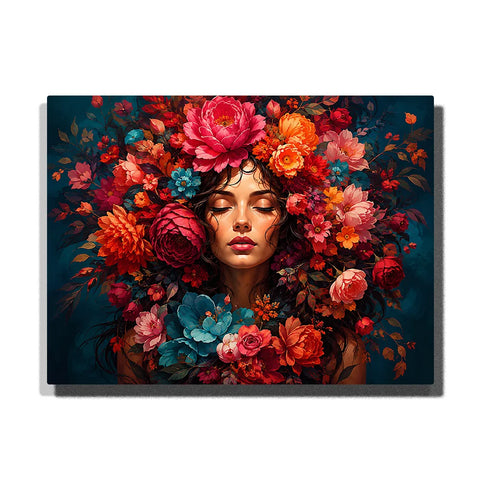 Floral Woman Paint by Numbers For Adults featuring serene woman with closed eyes surrounded by red peonies, coral orange flowers, teal blossoms and dark foliage