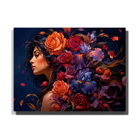 Floral Woman Paint by Numbers For Adults featuring elegant female profile with flowing black hair, burnt orange and crimson roses, purple irises and drifting petals