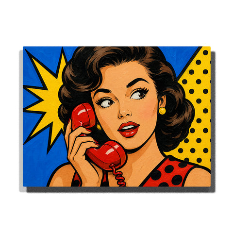 Pop art woman holding red vintage telephone with comic background, retro hairstyle, polka dot outfit and bold graphic design Paint by Numbers by PaintEasy