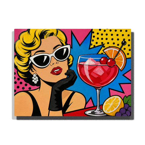 Pop art woman wearing white sunglasses with cocktail glass, cherries, orange slices, colorful comic background and retro fashion style Paint by Numbers by PaintEasy