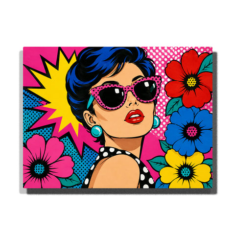 Pop art woman with pink sunglasses, blue hairstyle, colorful flowers, comic background and bold graphic portrait design Paint by Numbers by PaintEasy