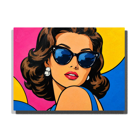 Pop art retro woman wearing blue sunglasses with red lips, vintage hairstyle and bold geometric colorful background Paint by Numbers by PaintEasy