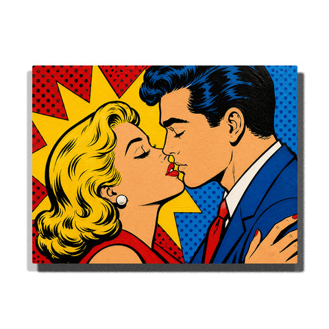 Pop art romantic couple kissing with comic style background, colorful geometric shapes, vintage romance portrait and bold graphic design Paint by Numbers by PaintEasy