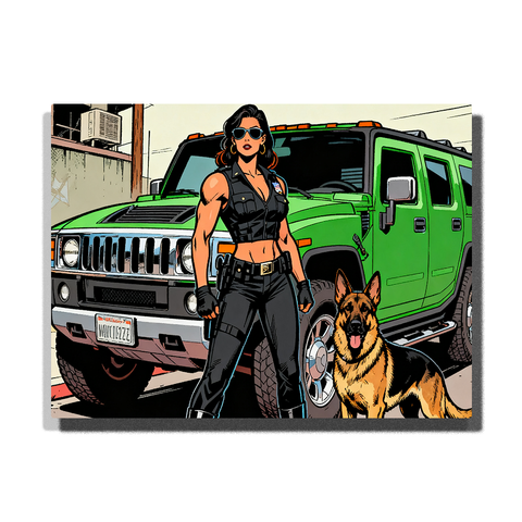 Paint by numbers comic-style woman in black tactical clothing with sunglasses standing beside a German Shepherd and a bright green off-road SUV in an urban street scene.