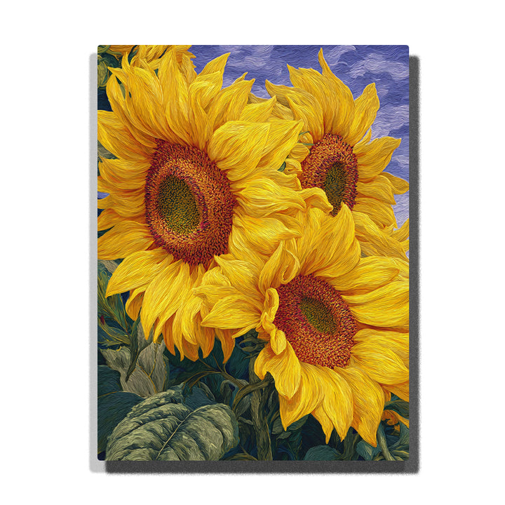 A vibrant Paint by Numbers sunflower painting with bold yellow petals, green leaves, and rich brown centers, set against a calming, soft background. Perfect for adding a touch of creativity and warmth to your home decor.