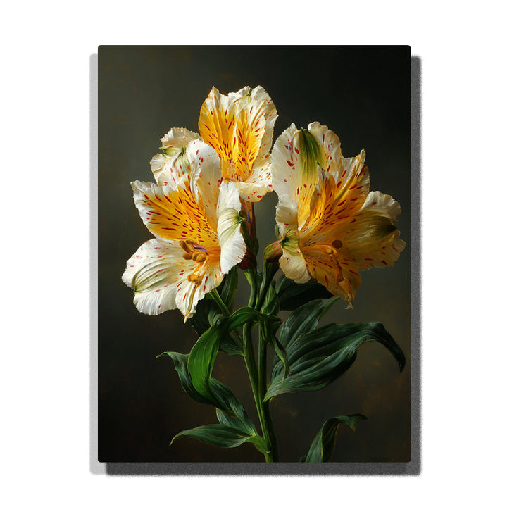A close-up of yellow and white Alstroemeria flowers with vibrant yellow centers, speckled with red accents, surrounded by lush green leaves. The soft lighting highlights the delicate texture and intricate details of the petals in this Paint by Numbers artwork.