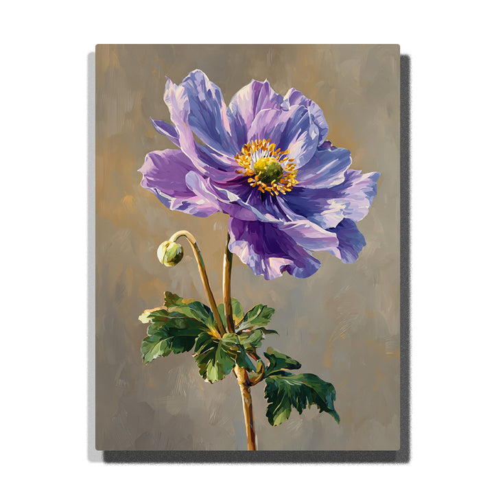 A close-up of a purple anemone flower with soft lavender petals and green leaves. The gentle lighting highlights the flower’s intricate details in this Paint by Numbers artwork.