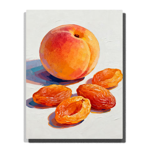 Fresh apricot with dried apricot halves on a white tabletop, featuring warm orange tones, wrinkled fruit texture, glossy highlights, and soft shadows.