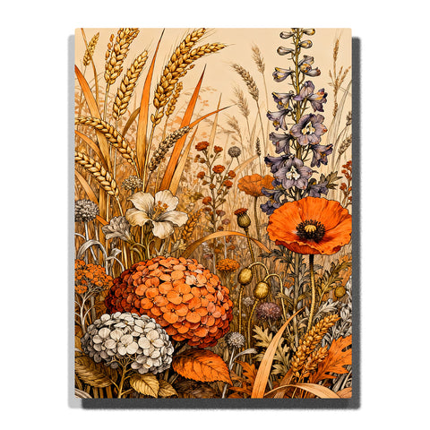 A layered wild meadow scene with orange poppies, wheat stalks, clustered blossoms, white flowers, and purple floral spikes in this Paint by Numbers artwork.