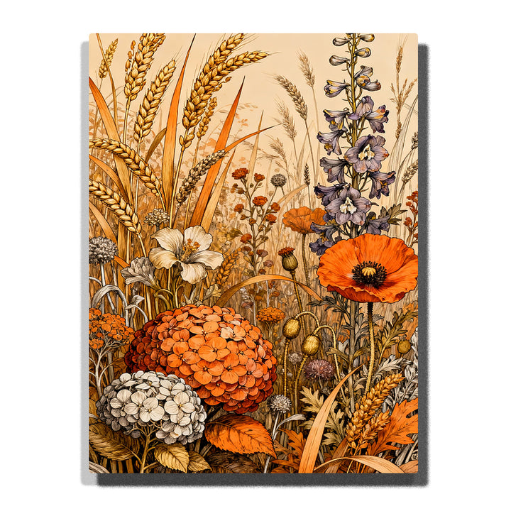 A layered wild meadow scene with orange poppies, wheat stalks, clustered blossoms, white flowers, and purple floral spikes in this Paint by Numbers artwork.