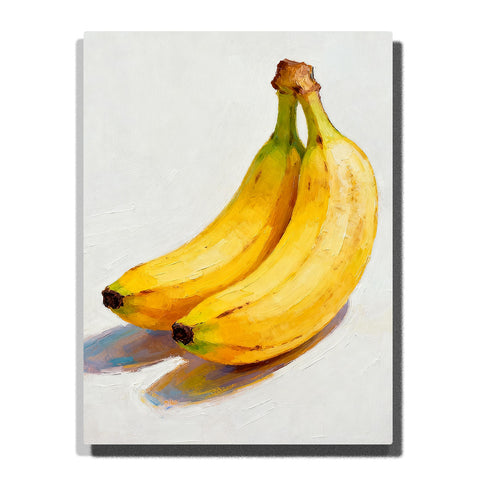Two ripe yellow bananas on a white tabletop, featuring curved fruit shapes, green stems, brown tips, painterly texture, and soft blue-gray shadows.