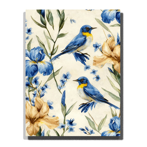 A scene of blue birds with yellow throats perched among vibrant flowers, with blue irises and golden blooms in the background. The soft lighting highlights the delicate details in this Paint by Numbers artwork.