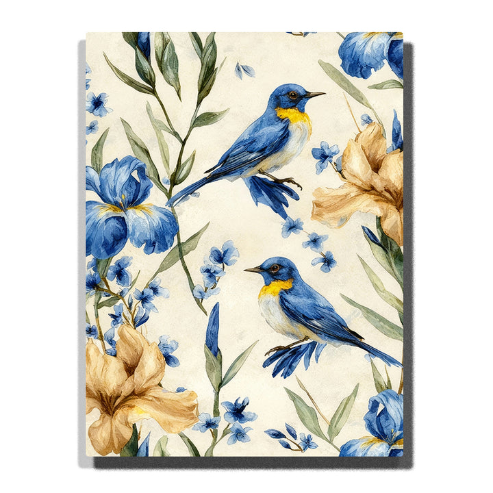 A scene of blue birds with yellow throats perched among vibrant flowers, with blue irises and golden blooms in the background. The soft lighting highlights the delicate details in this Paint by Numbers artwork.